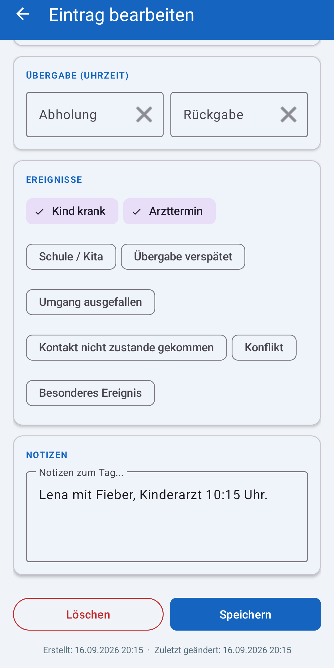 Übergabe und Ereignisse